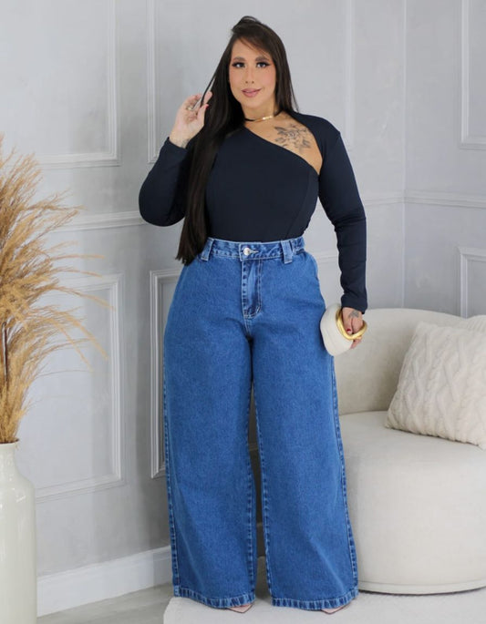 Calça Wide Leg Ajuste Lateral