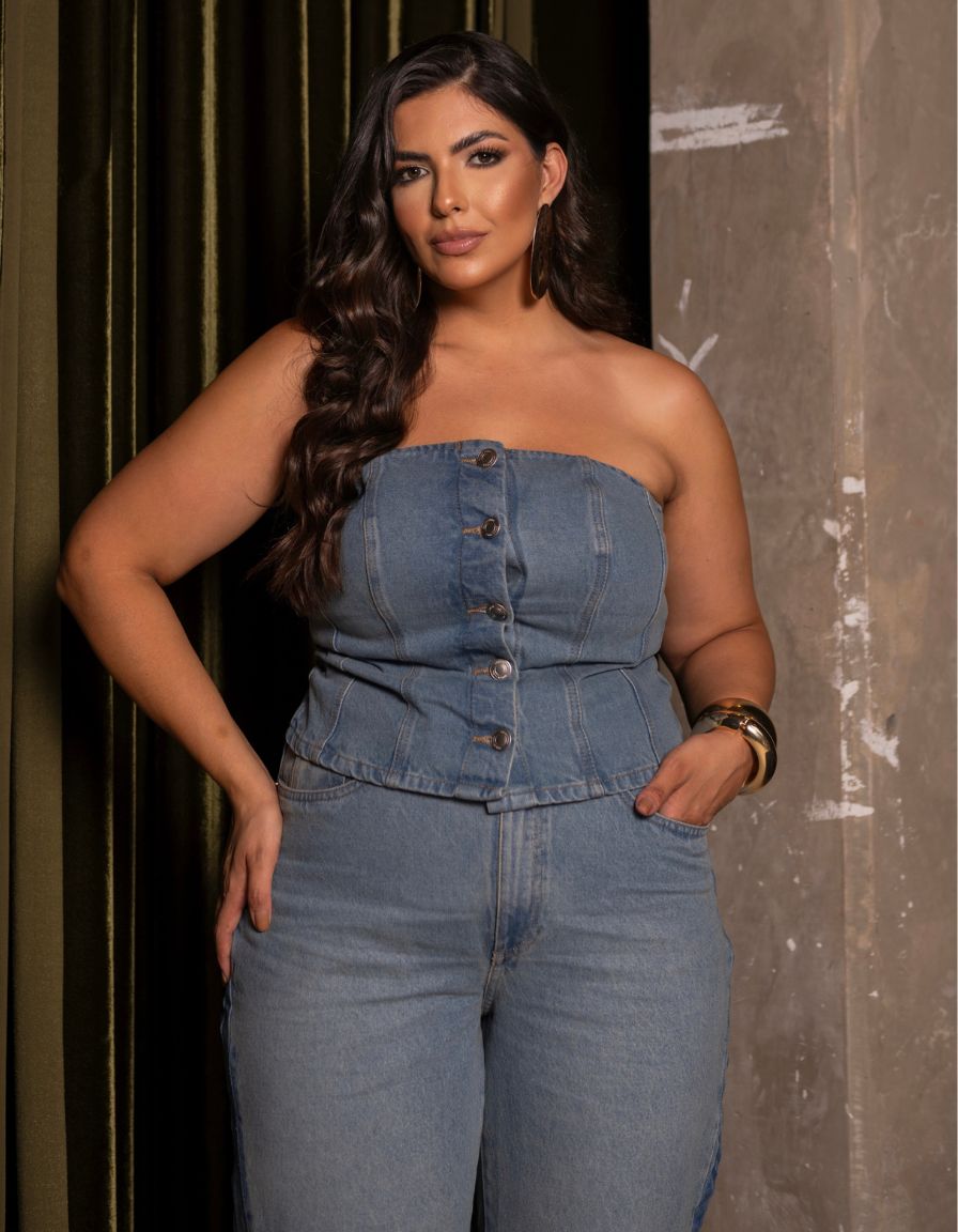 Top Denim sem Alças